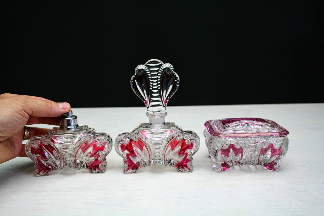 European-Antique Vanity Set-Perfume Bottle-Glass Jewelry Box-Unique Gift Ideas-Jewelry Storage-Perfume Atomizer-Vintage Home Decor-Antique