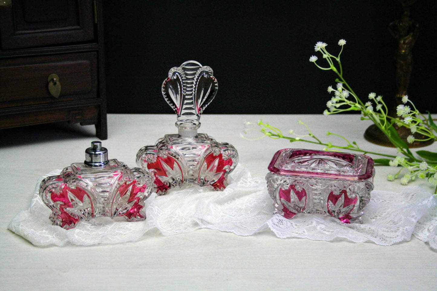 European-Antique Vanity Set-Perfume Bottle-Glass Jewelry Box-Unique Gift Ideas-Jewelry Storage-Perfume Atomizer-Vintage Home Decor-Antique