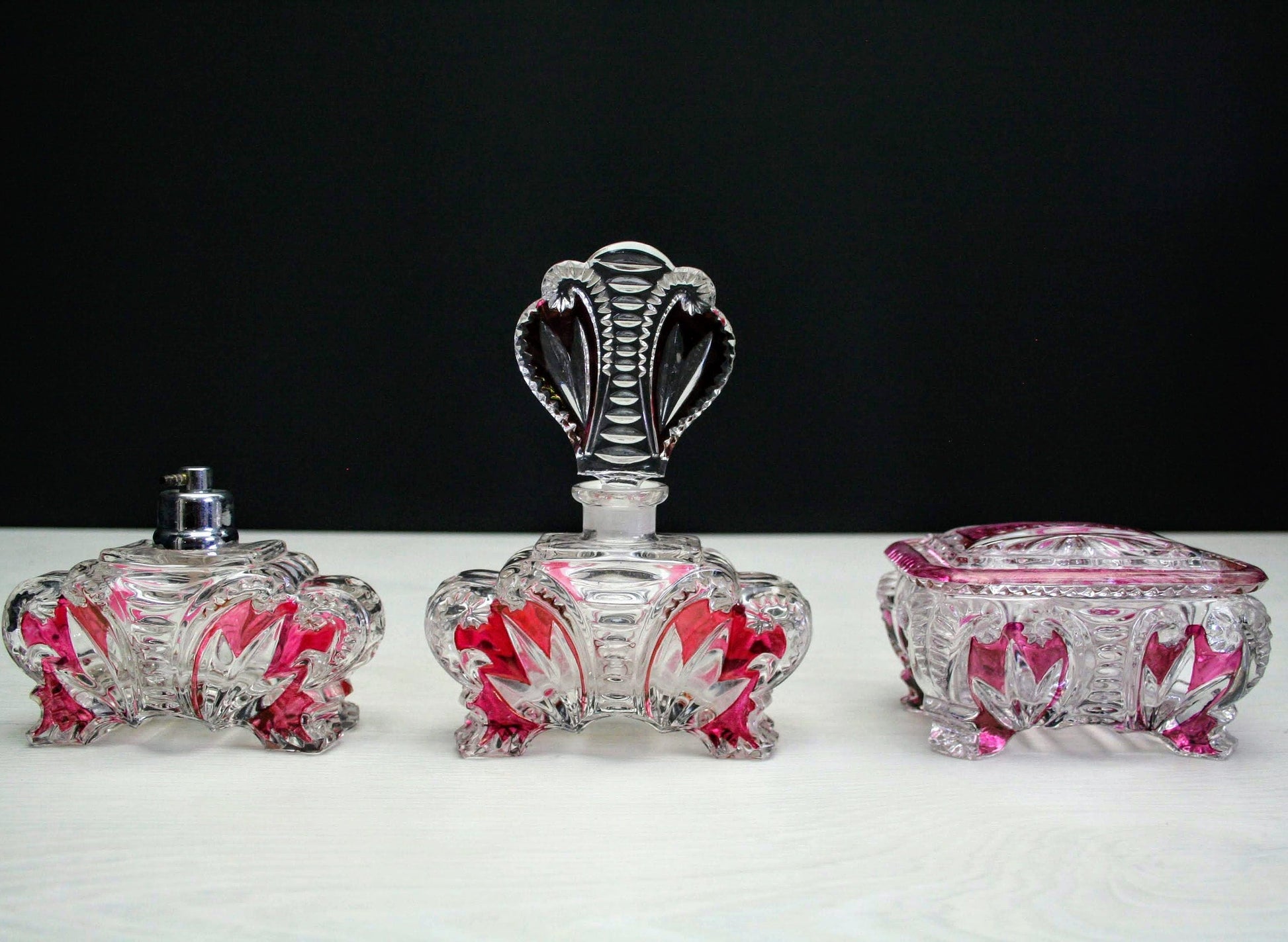 European-Antique Vanity Set-Perfume Bottle-Glass Jewelry Box-Unique Gift Ideas-Jewelry Storage-Perfume Atomizer-Vintage Home Decor-Antique