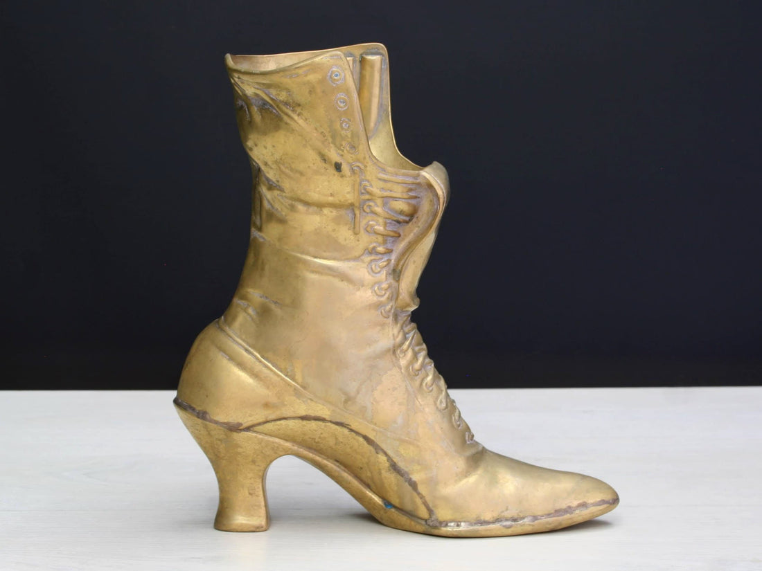 Large Vintage Brass Boot | impressive Flower Vase or Brass Planter | Brass Decor Collectibles for Shelf Decor & Table Decor
