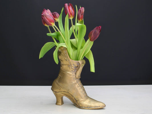 Large Vintage Brass Boot | impressive Flower Vase or Brass Planter | Brass Decor Collectibles for Shelf Decor & Table Decor