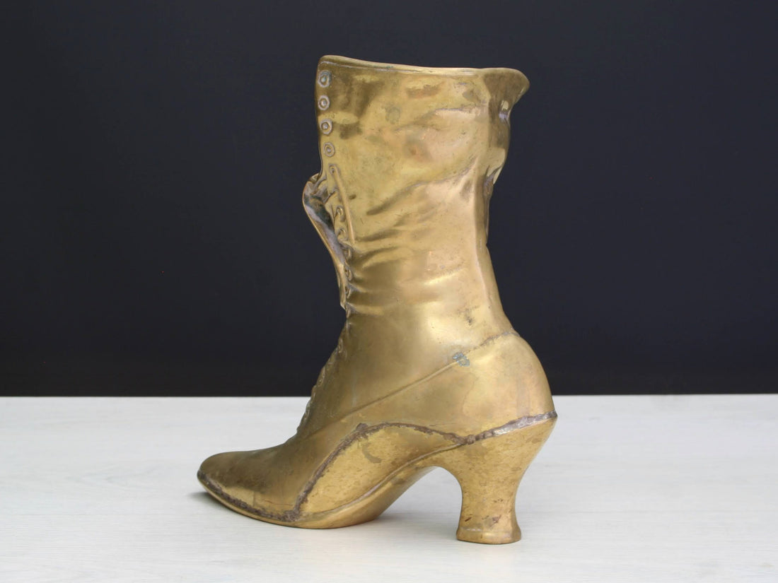 Large Vintage Brass Boot | impressive Flower Vase or Brass Planter | Brass Decor Collectibles for Shelf Decor & Table Decor