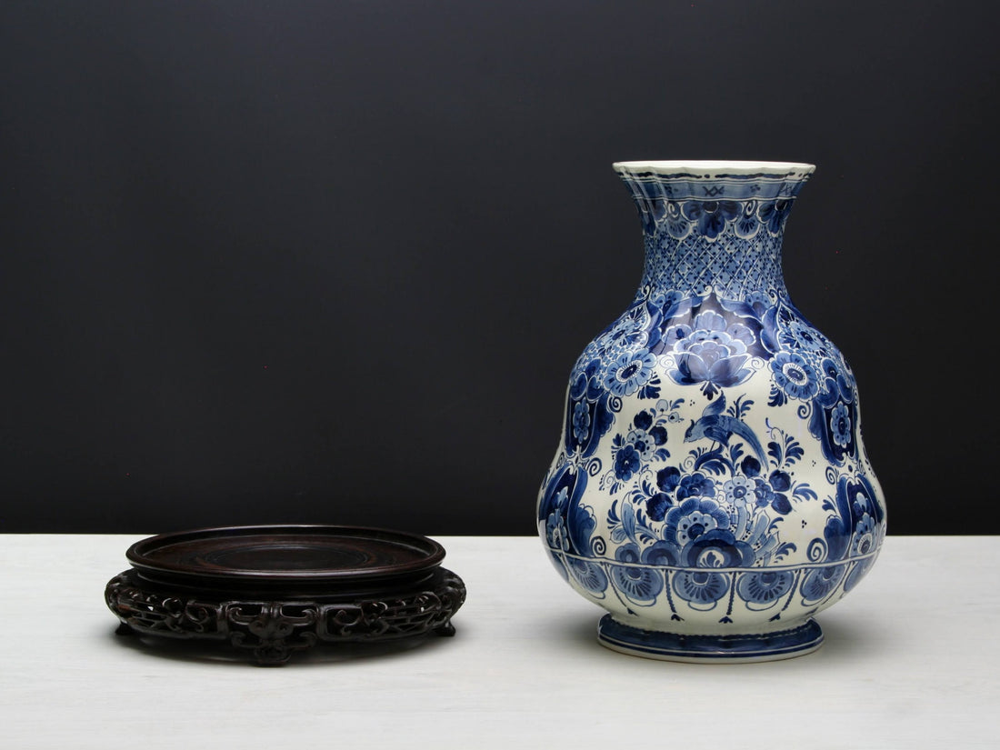 Delft Blue and White Vase with Wood Stand | Ceramic Vase for Home Decorations | Vintage Decor Flower Vase