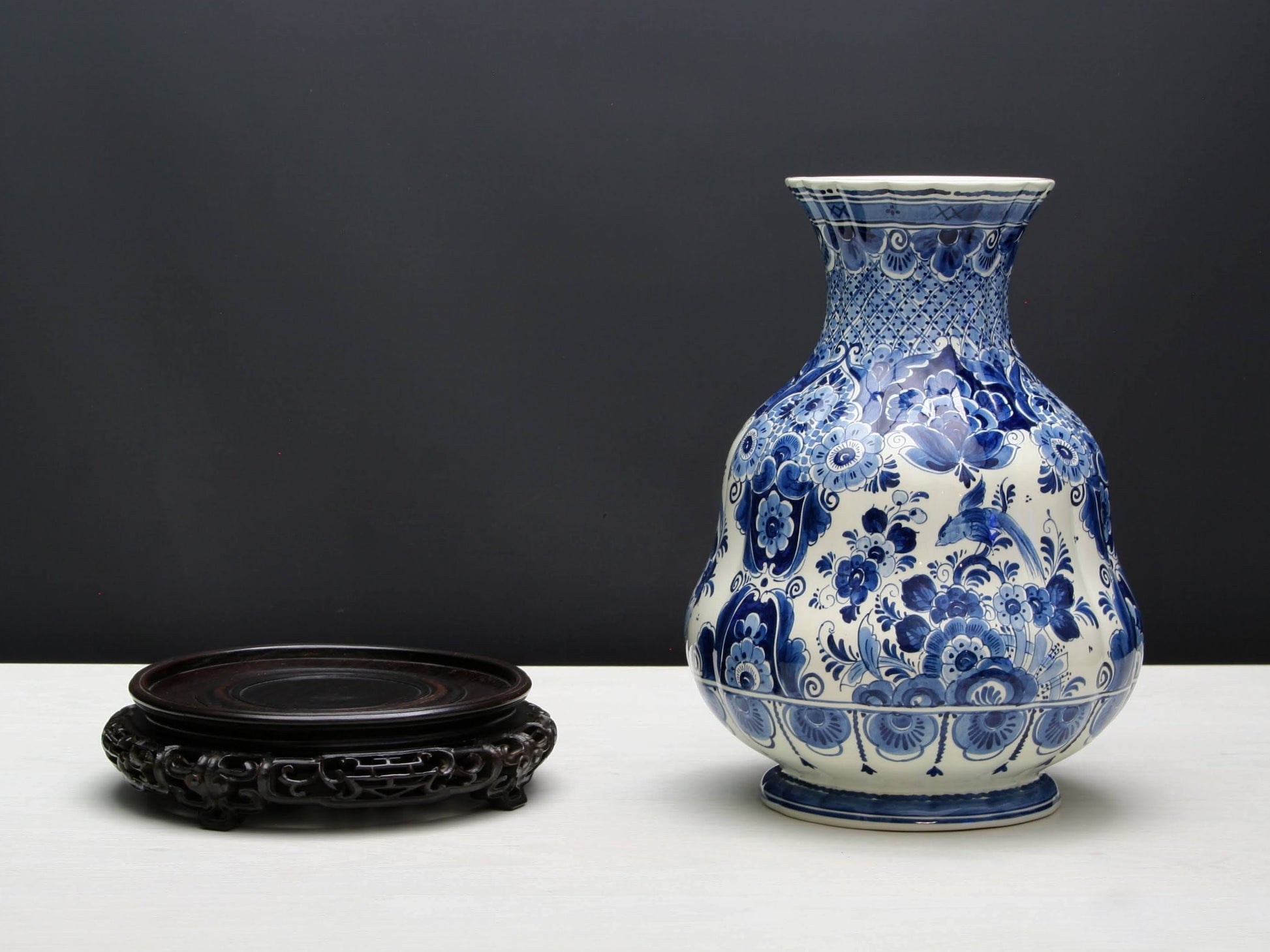 Delft Blue and White Vase with Wood Stand | Ceramic Vase for Home Decorations | Vintage Decor Flower Vase