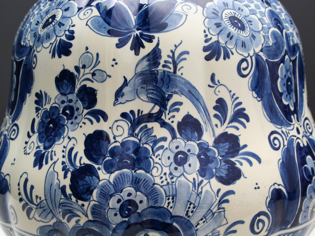 Delft Blue and White Vase with Wood Stand | Ceramic Vase for Home Decorations | Vintage Decor Flower Vase