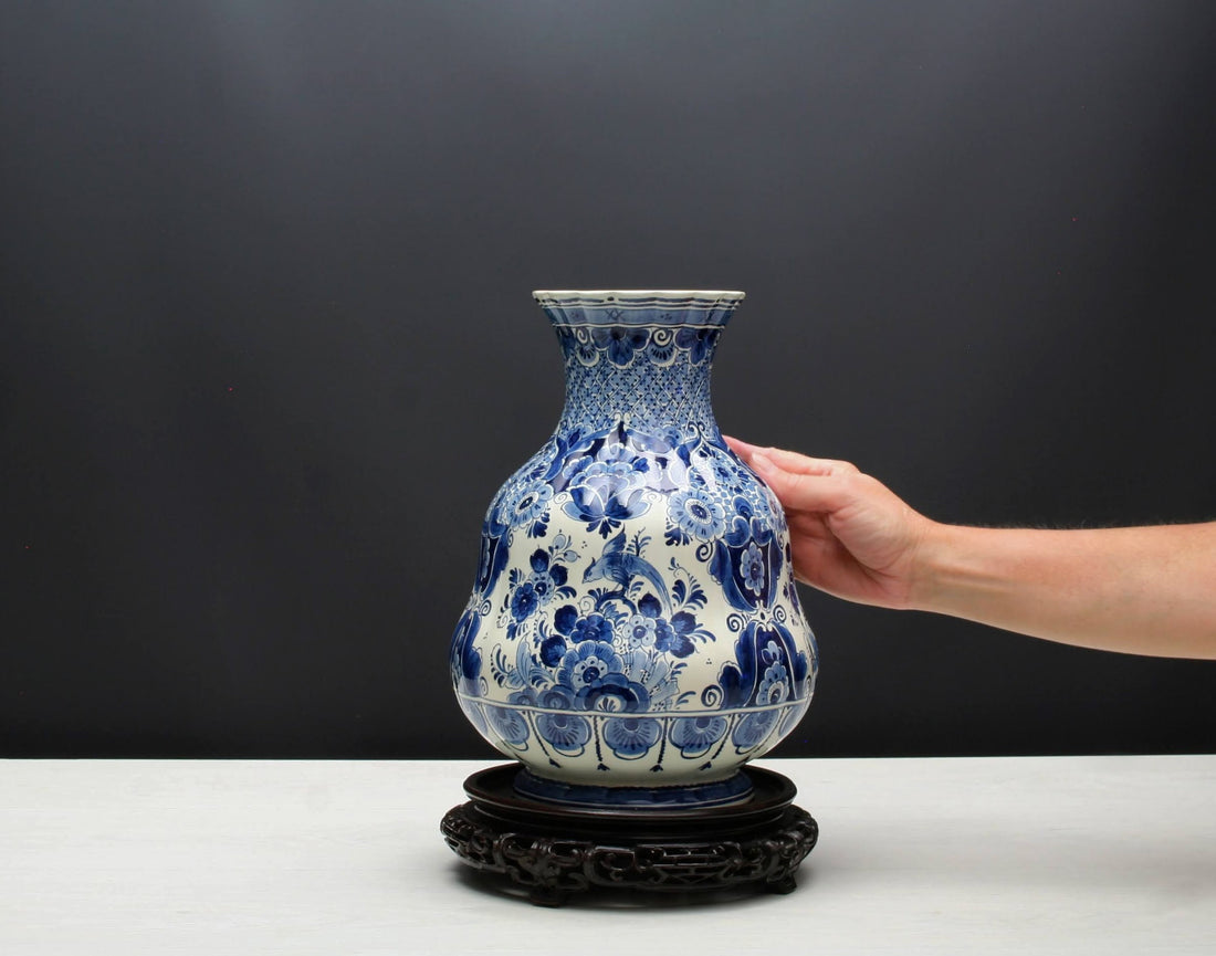 Delft Blue and White Vase with Wood Stand | Ceramic Vase for Home Decorations | Vintage Decor Flower Vase