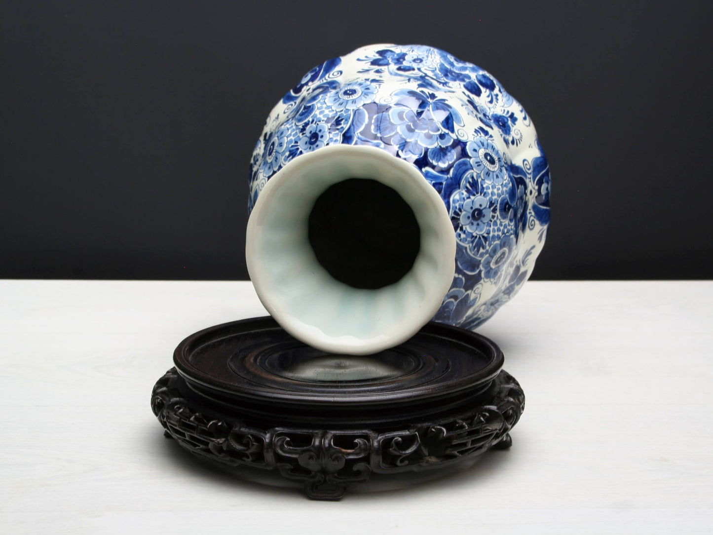 Delft Blue and White Vase with Wood Stand | Ceramic Vase for Home Decorations | Vintage Decor Flower Vase