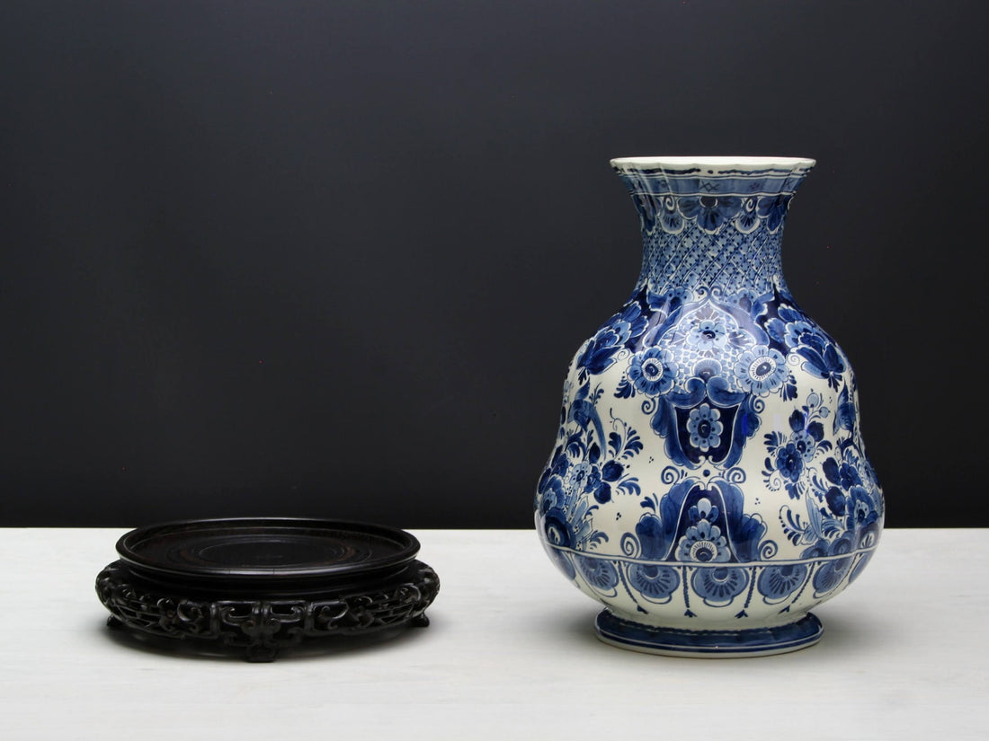 Delft Blue and White Vase with Wood Stand | Ceramic Vase for Home Decorations | Vintage Decor Flower Vase