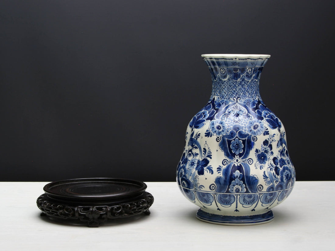 Delft Blue and White Vase with Wood Stand | Ceramic Vase for Home Decorations | Vintage Decor Flower Vase