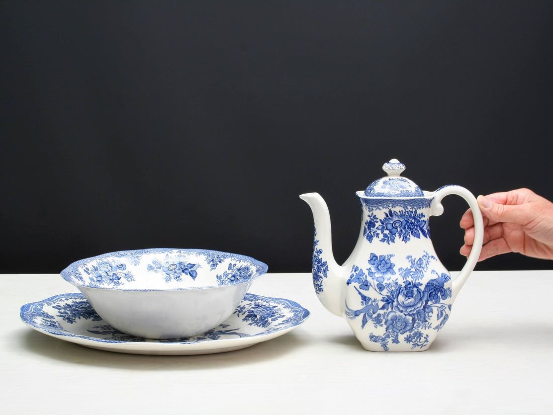 Enoch Wedgwood Kitchenware collectibles: teapot/coffee pitcher, platter, bowl | Blue and White Decor Tableware Made In England