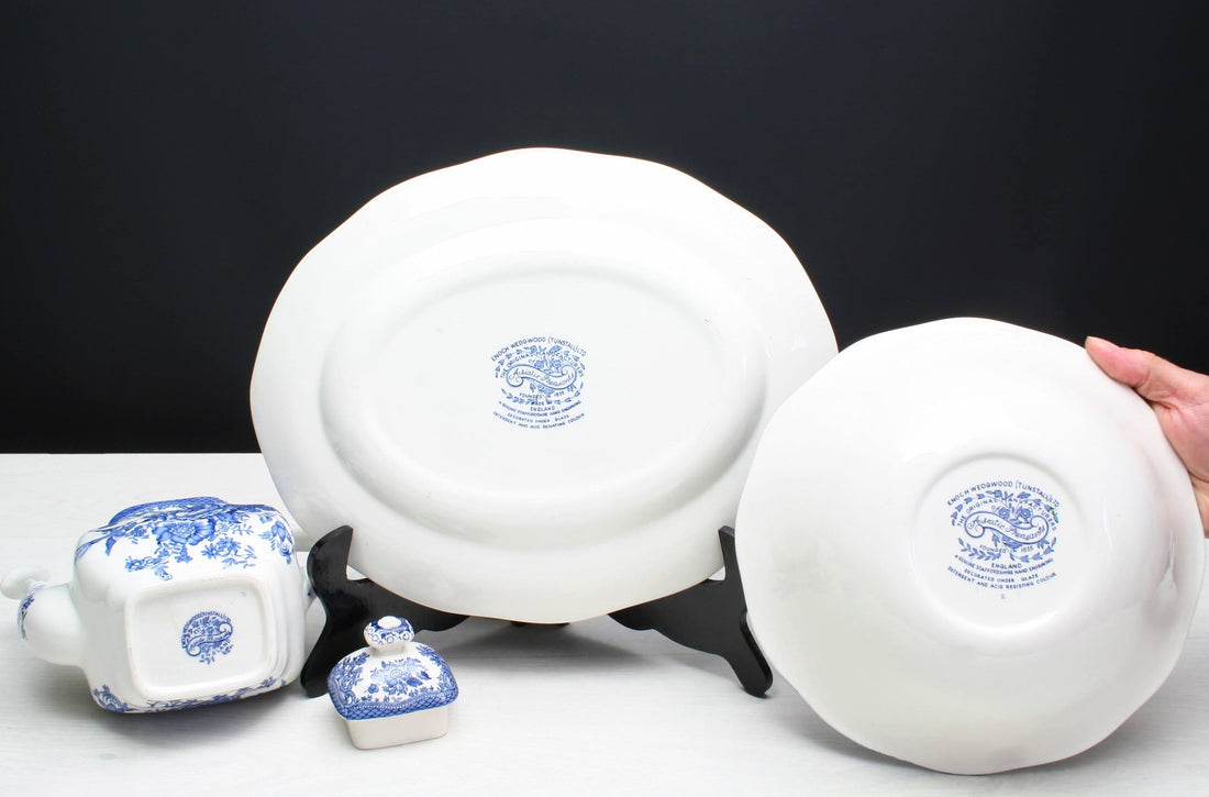 Enoch Wedgwood Kitchenware collectibles: teapot/coffee pitcher, platter, bowl | Blue and White Decor Tableware Made In England