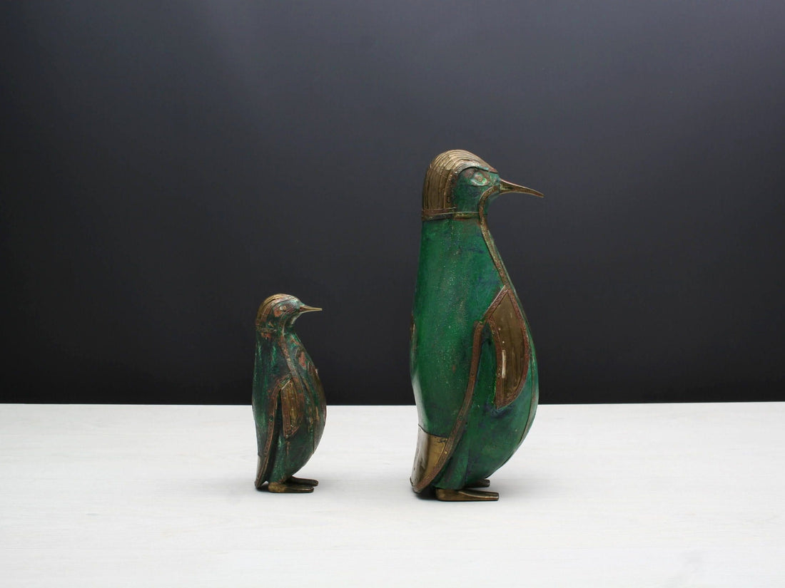 Pair of Penguin Figurines | Brass Wooden Birds| Decorative Bird Figurines | Bird Lovers Gift, Vintage Decor