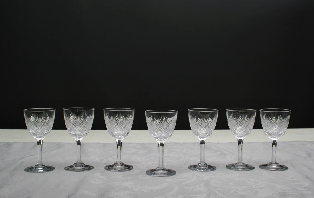 Set of 7 Cut Crystal Glasses , Napoleon 3 | Antique Liquor Glasses-Whiskey Glasses | Barware Set