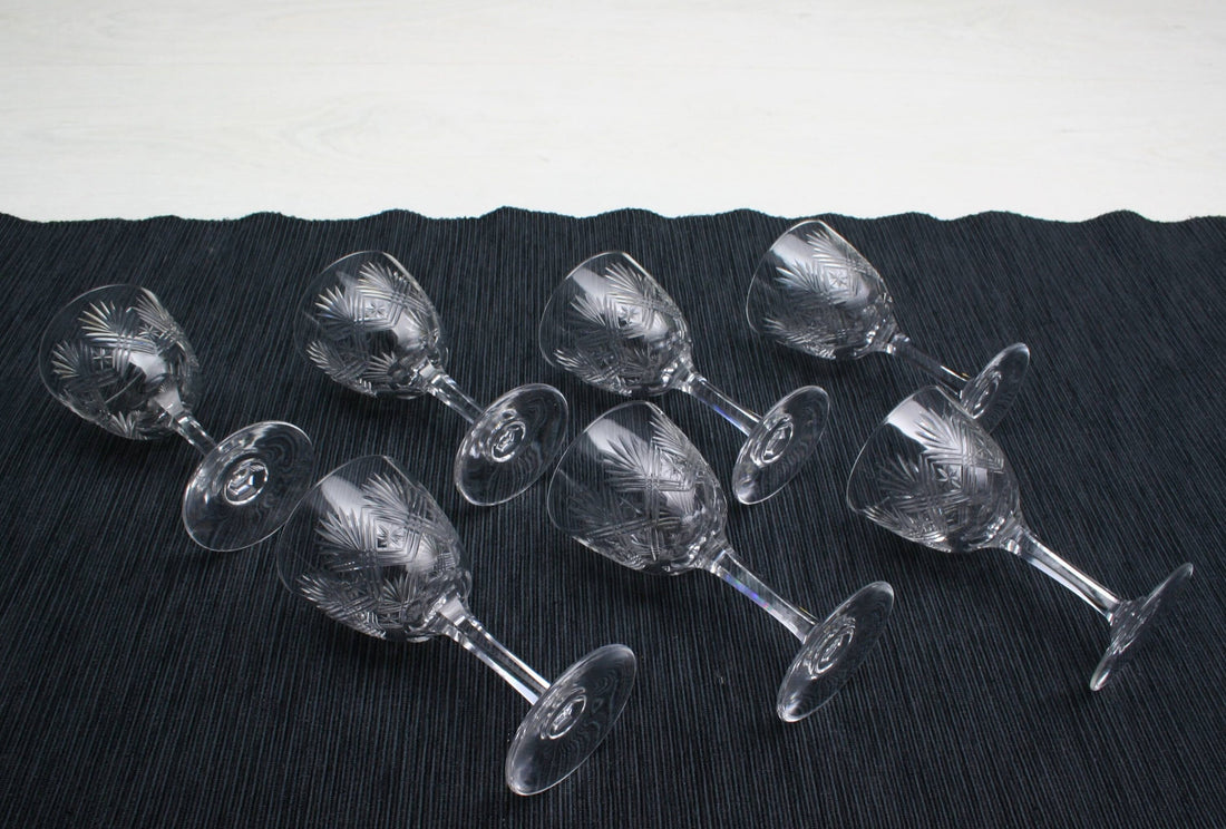 Set of 7 Cut Crystal Glasses , Napoleon 3 | Antique Liquor Glasses-Whiskey Glasses | Barware Set