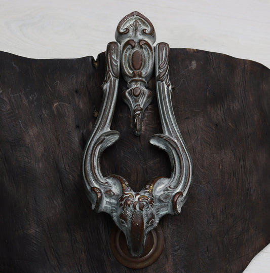 Antique Brass Door Knocker Ram Head Design with original strike plate | Front Door Knocker -Unique Gift Ideas