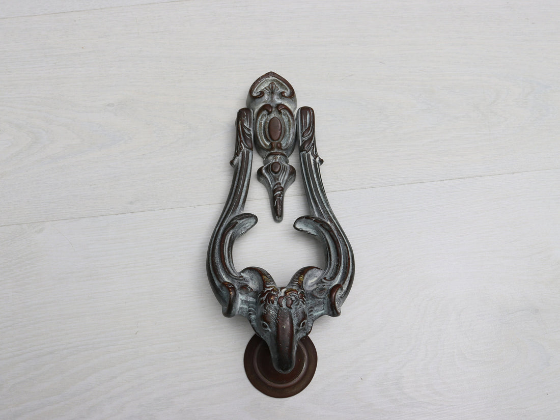 Antique Brass Door Knocker Ram Head Design with original strike plate | Front Door Knocker -Unique Gift Ideas