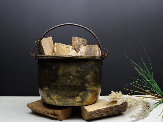 Antique Brass Cauldron-Firewood Holder | Copper Cauldron-Fireplace Decor | Vintage Home Decor