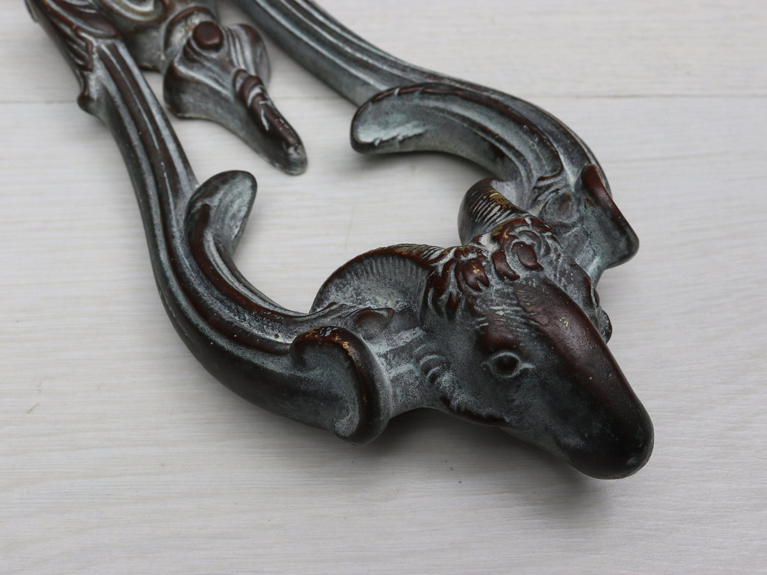 Antique Brass Door Knocker Ram Head Design with original strike plate | Front Door Knocker -Unique Gift Ideas