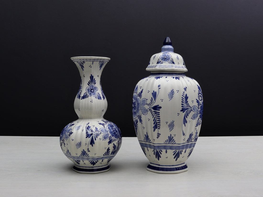 Delft Blue and White Vase Set |Flower Vase / Lidded Ginger Jar-Unique Urn | Delft Pottery-Vintage Home Decor