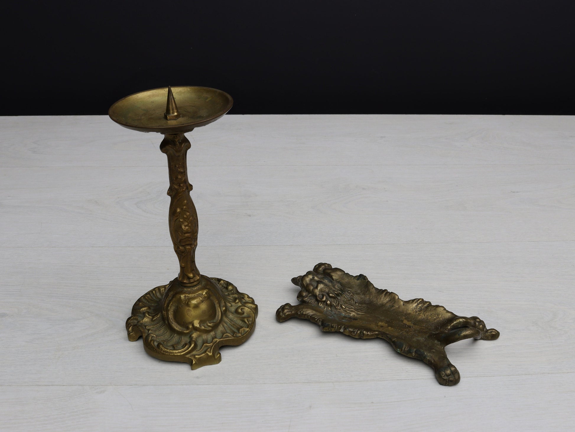 Antique Bronze Candle Stick Holder | Catch-All Tray-Trinket Dish | Vintage Home Decor