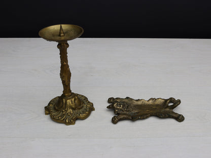 Antique Bronze Candle Stick Holder | Catch-All Tray-Trinket Dish | Vintage Home Decor