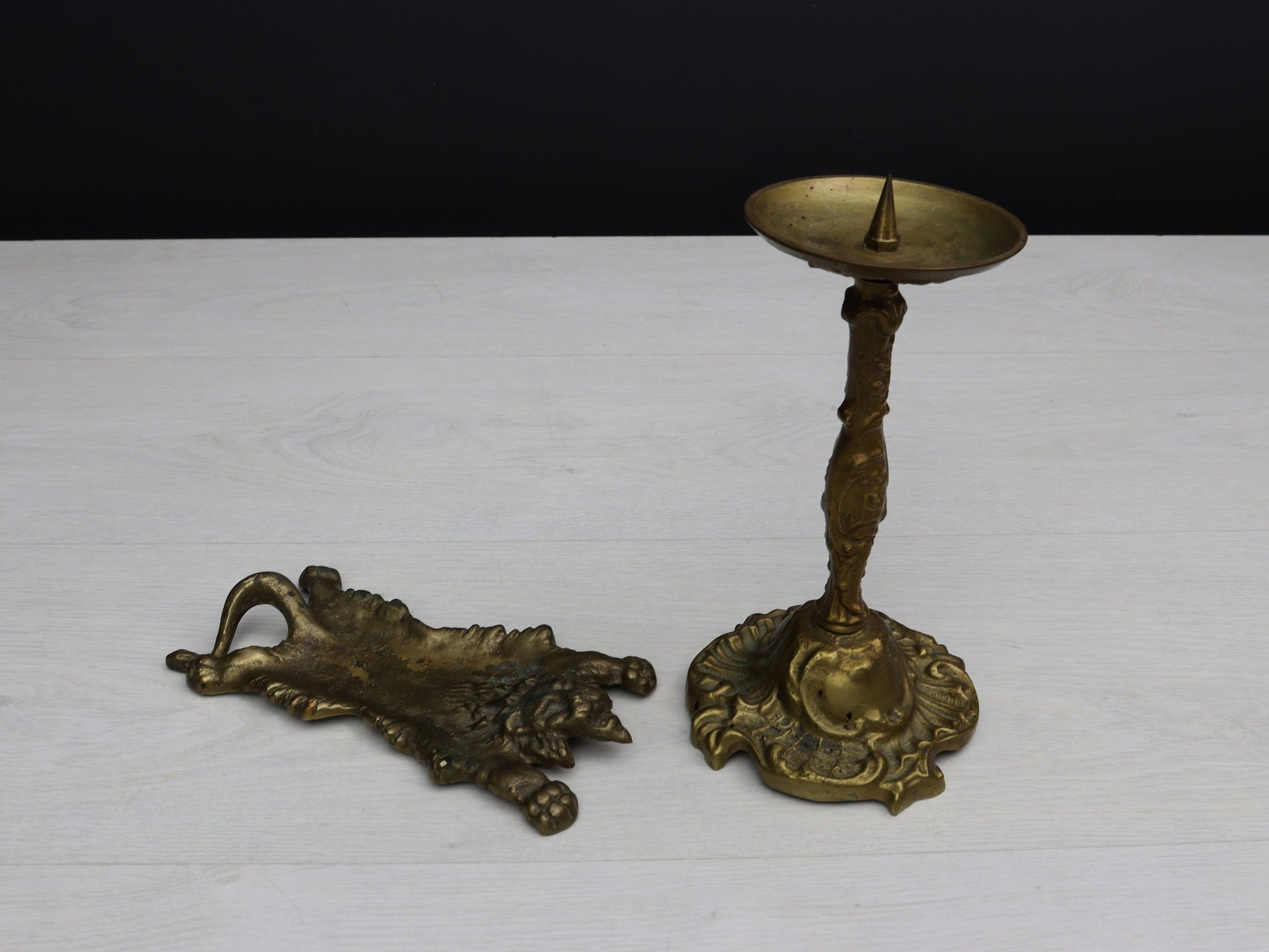 Antique Bronze Candle Stick Holder | Catch-All Tray-Trinket Dish | Vintage Home Decor