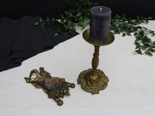 Antique Bronze Candle Stick Holder | Catch-All Tray-Trinket Dish | Vintage Home Decor
