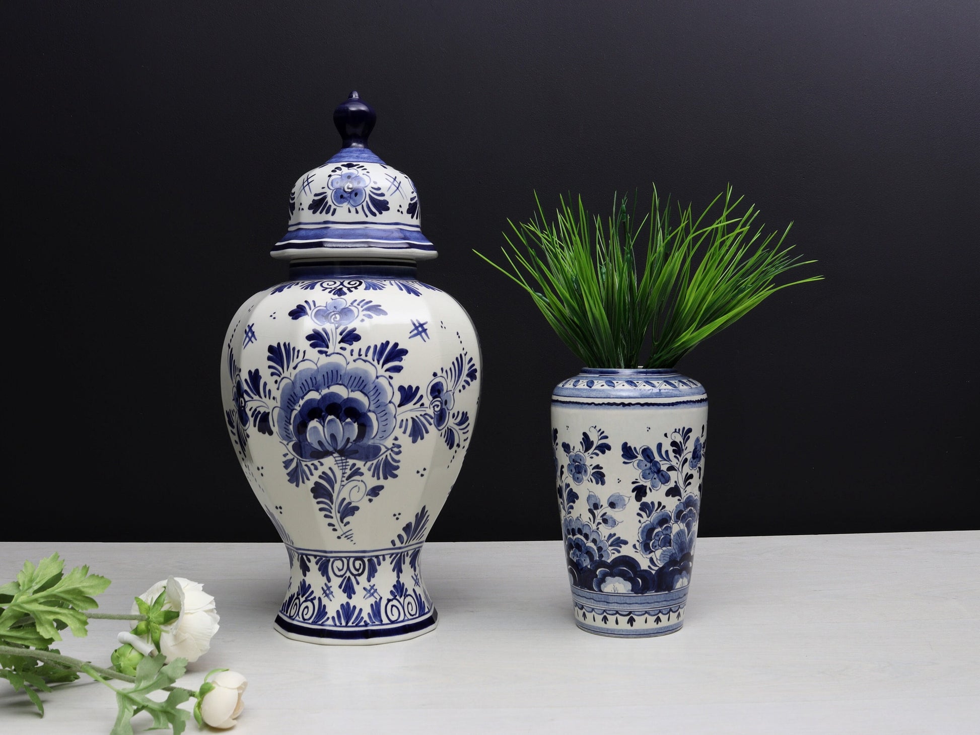 Blue and White Vase Set-Delft Pottery | Delft Blue Ginger Jar-Unique Urn | Decorative Vase-Vintage Home Decor