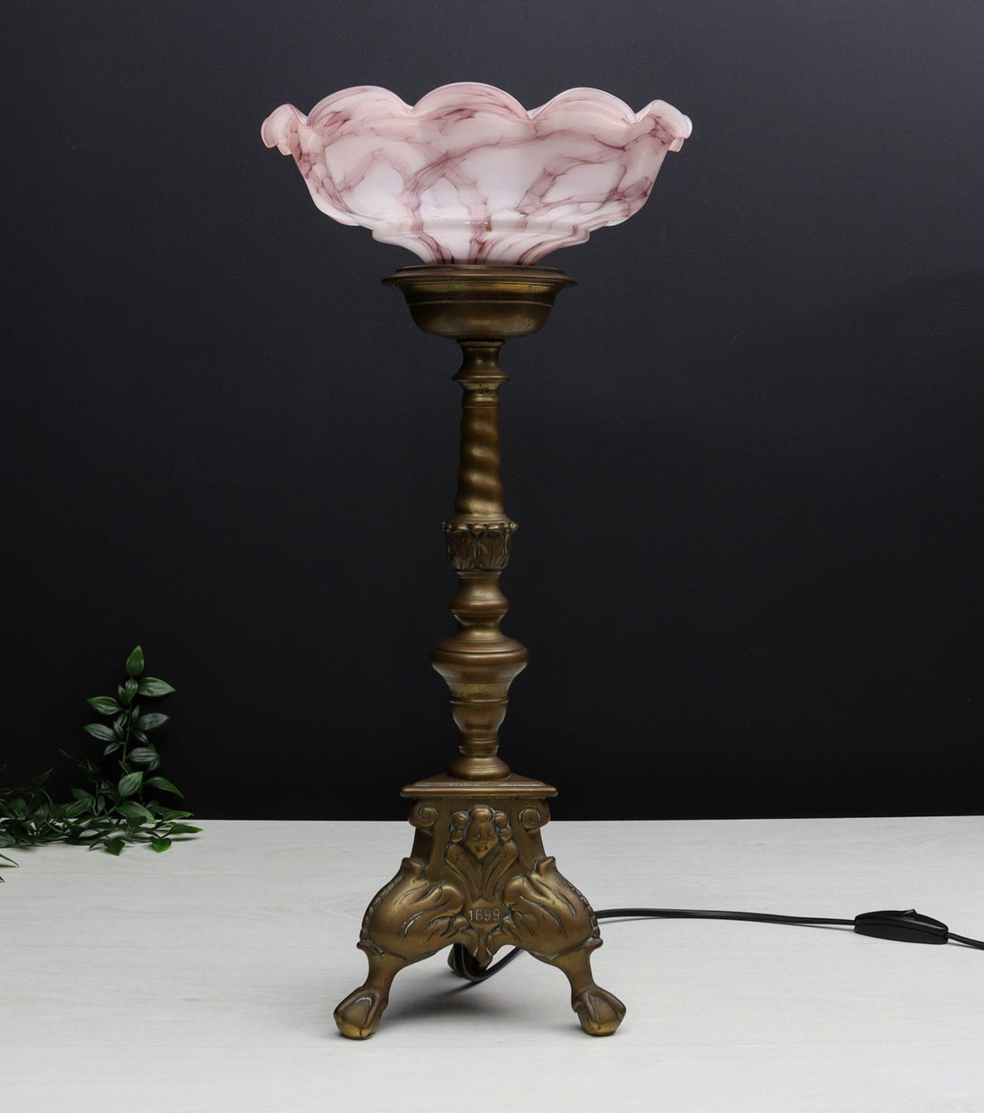 Brass Candle Holder Vintage Table Lamp with Pink Shade