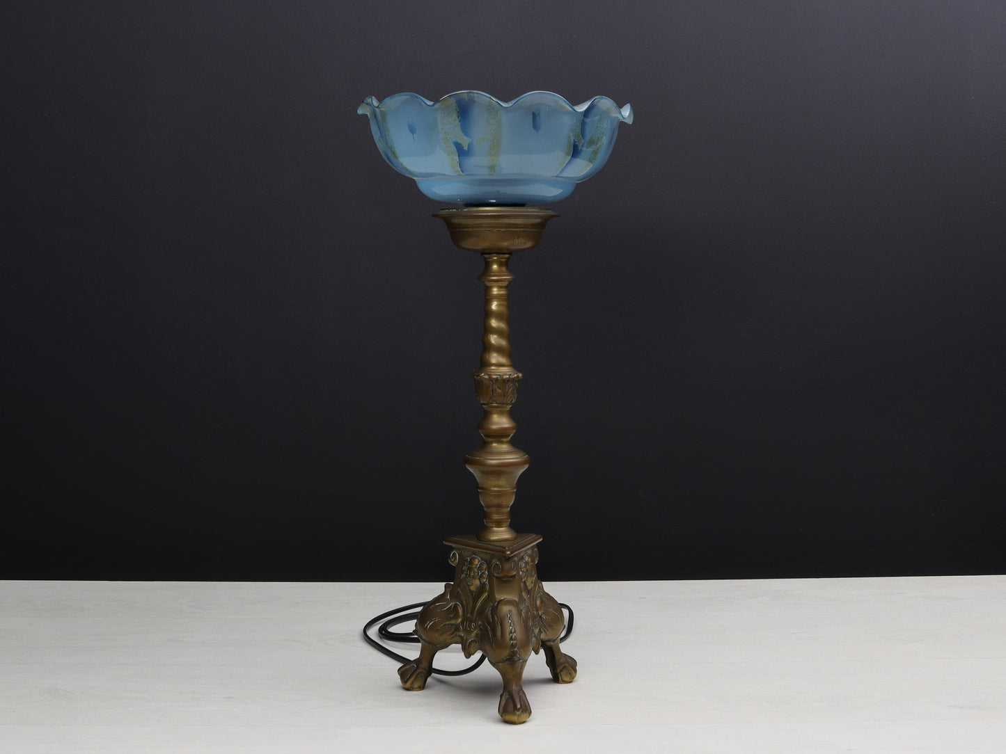 Pillar Candle Holder Vintage Table Lamp with Blue Shade