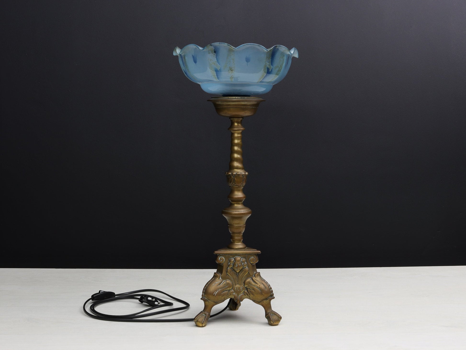 Pillar Candle Holder Vintage Table Lamp with Blue Shade