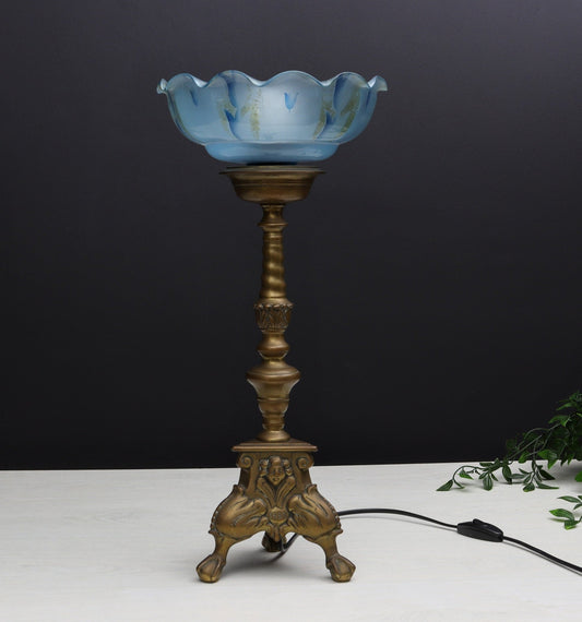 Pillar Candle Holder Vintage Table Lamp with Blue Shade