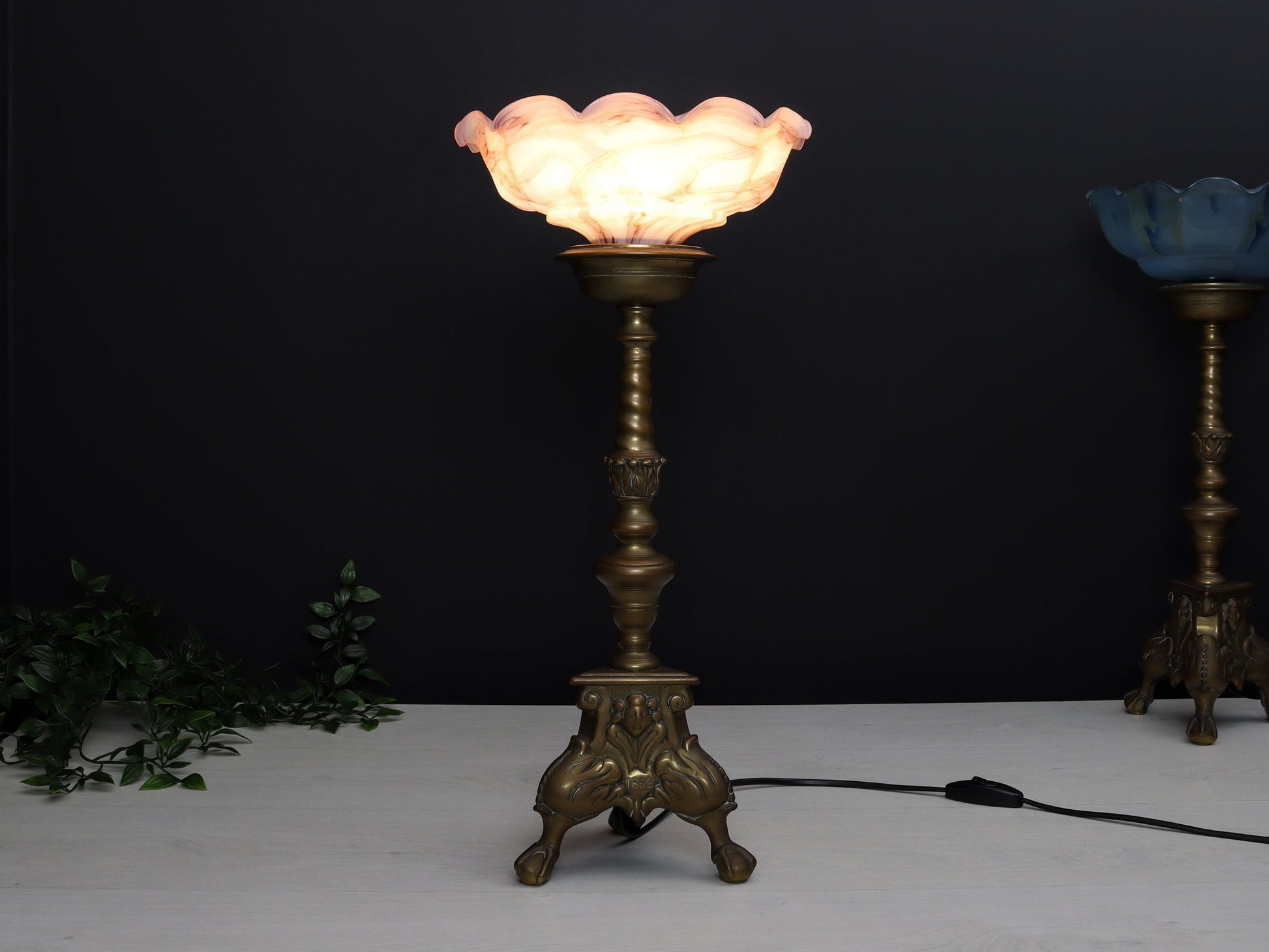 Brass Candle Holder Vintage Table Lamp with Pink Shade