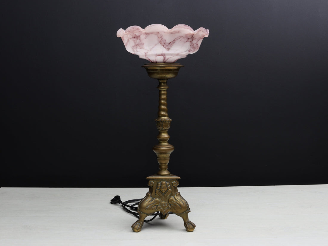 Brass Candle Holder Vintage Table Lamp with Pink Shade