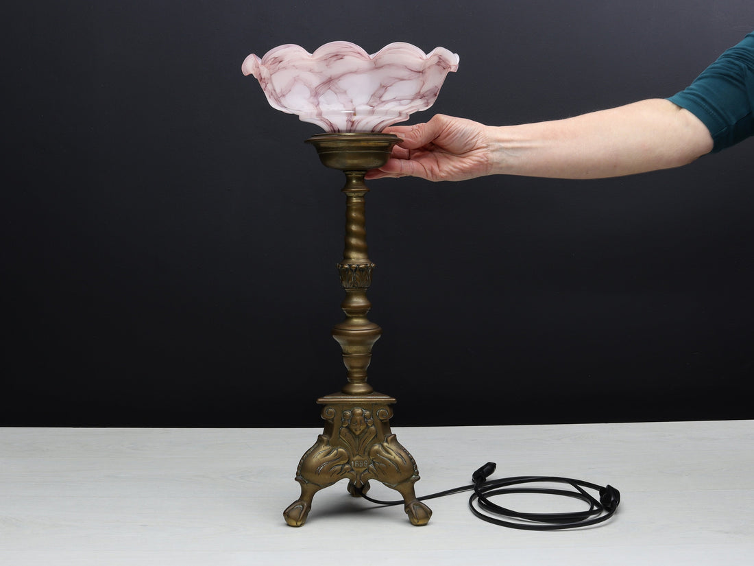 Brass Candle Holder Vintage Table Lamp with Pink Shade