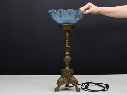 Pillar Candle Holder Vintage Table Lamp with Blue Shade