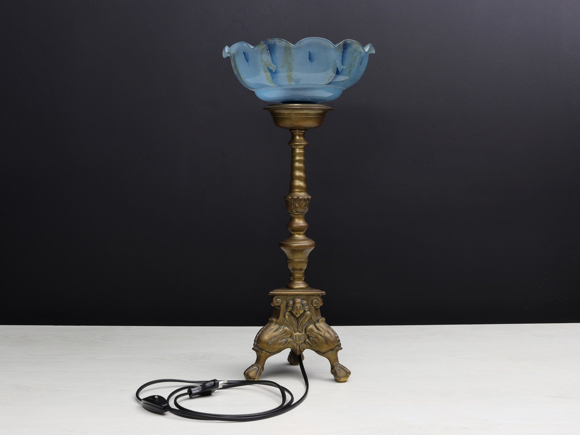 Pillar Candle Holder Vintage Table Lamp with Blue Shade