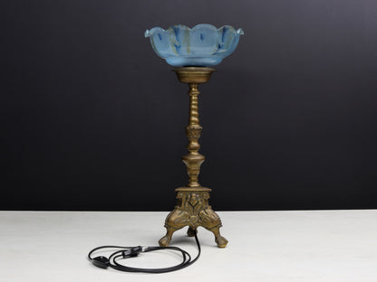 Pillar Candle Holder Vintage Table Lamp with Blue Shade