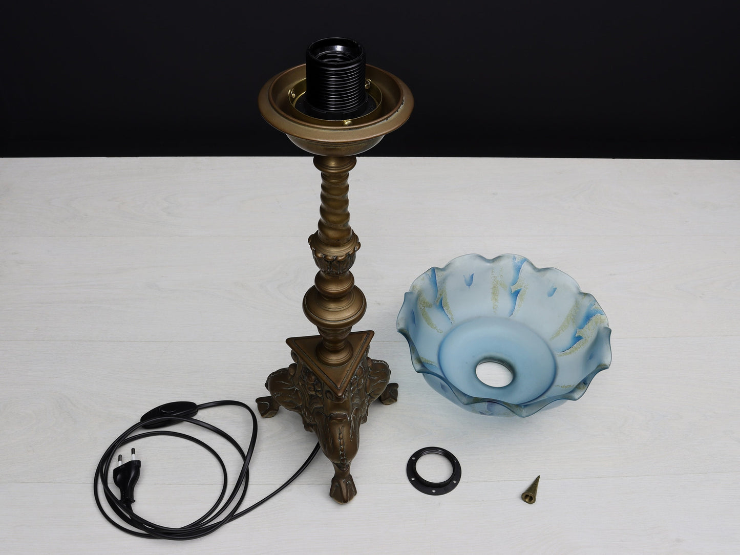 Pillar Candle Holder Vintage Table Lamp with Blue Shade